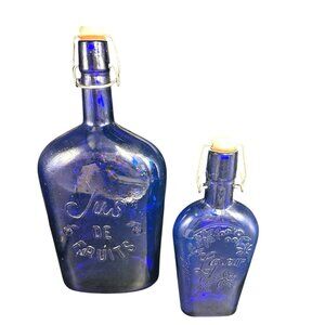 Vtg Set Rosenthal Netter Cobalt Glass Embossed Liquor Bottles Wire Bale Stoppers